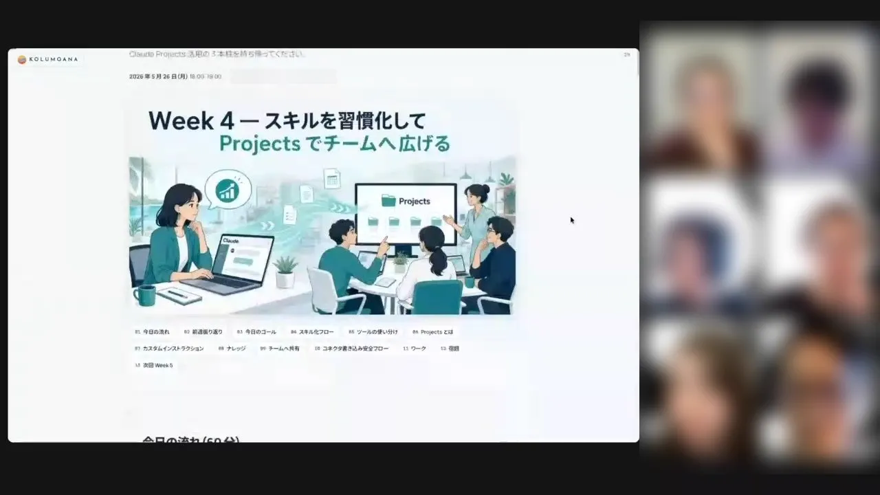 AI研修の講義画面。Week 4「スキルを習慣化してProjectsでチームへ広げる」の回で、当日のアジェンダが表示されている